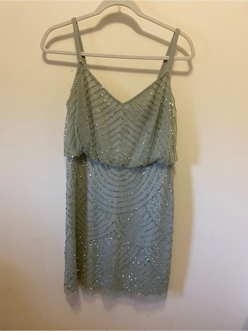 Adrianna Papell Sage Green Beaded V-Neck Mini Dress size 8